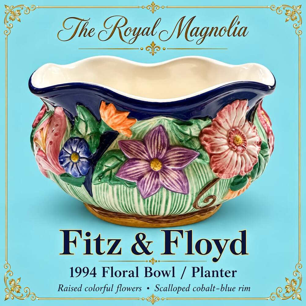 Fitz and Floyd 1994 Floral Planter Bowl Raised Flowers Scalloped Rim